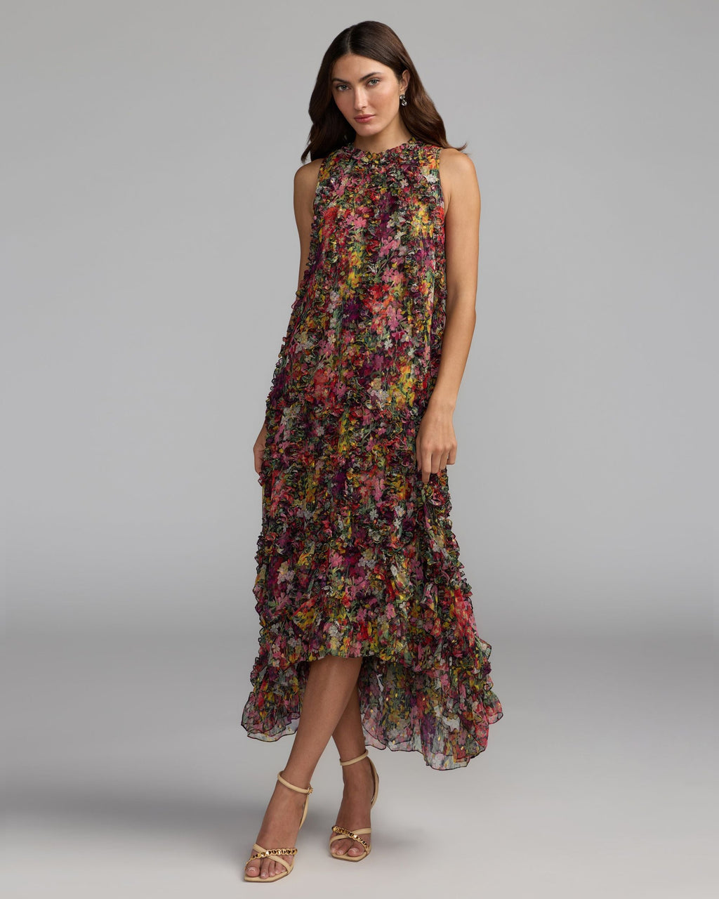 Multicolor Sleeveless Floral Chiffon Micro Ruffle Trapeze Midi Dress - Designer Collection