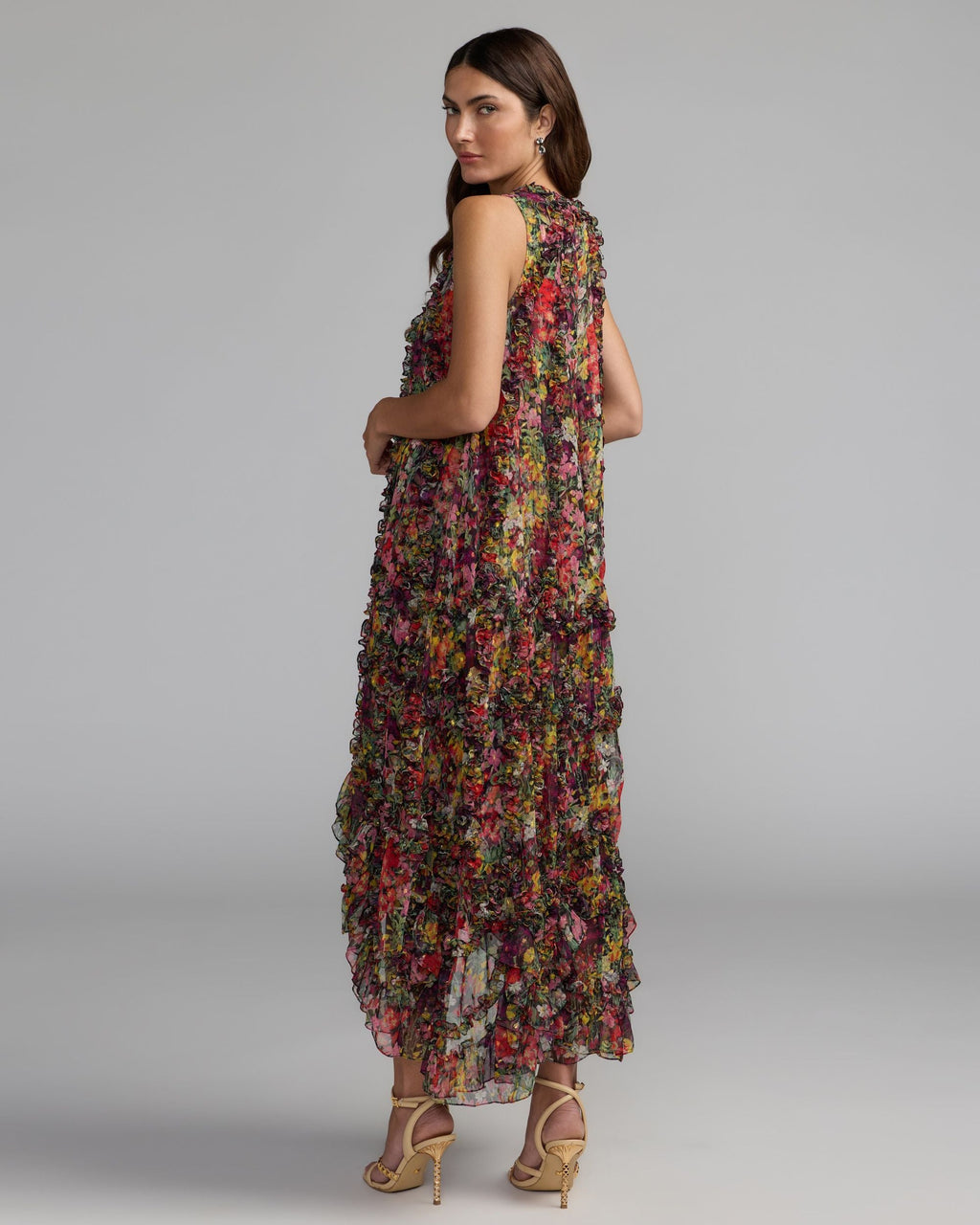 Multicolor Sleeveless Floral Chiffon Micro Ruffle Trapeze Midi Dress - Designer Collection