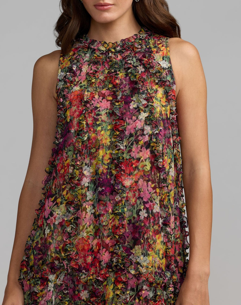 Multicolor Sleeveless Floral Chiffon Micro Ruffle Trapeze Midi Dress - Designer Collection