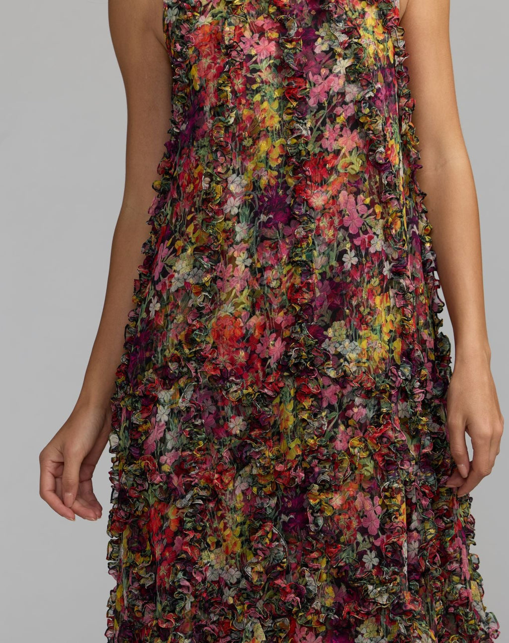 Multicolor Sleeveless Floral Chiffon Micro Ruffle Trapeze Midi Dress - Designer Collection