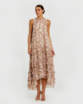 Pink Sleeveless Floral Chiffon Micro Ruffle Midi Dress - Designer Collection