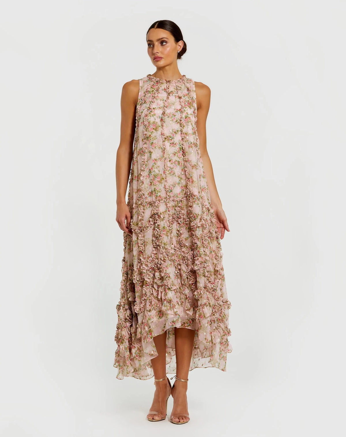 Pink Sleeveless Floral Chiffon Micro Ruffle Midi Dress - Designer Collection
