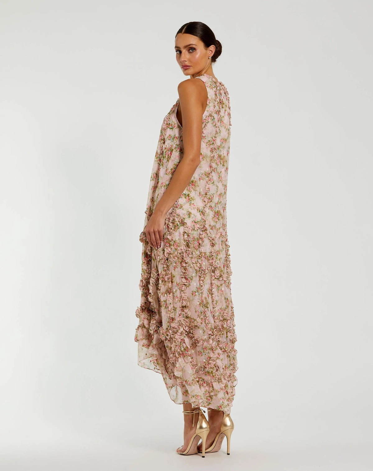 Pink Sleeveless Floral Chiffon Micro Ruffle Midi Dress - Designer Collection