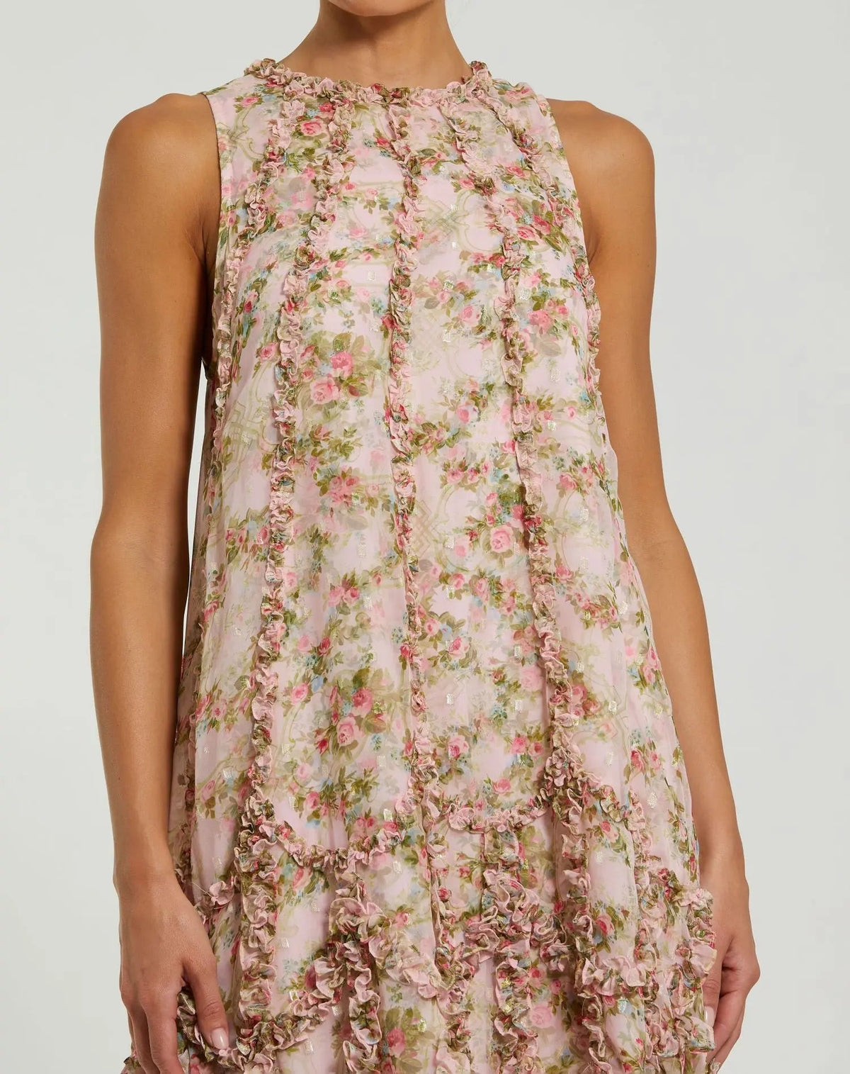 Pink Sleeveless Floral Chiffon Micro Ruffle Midi Dress - Designer Collection