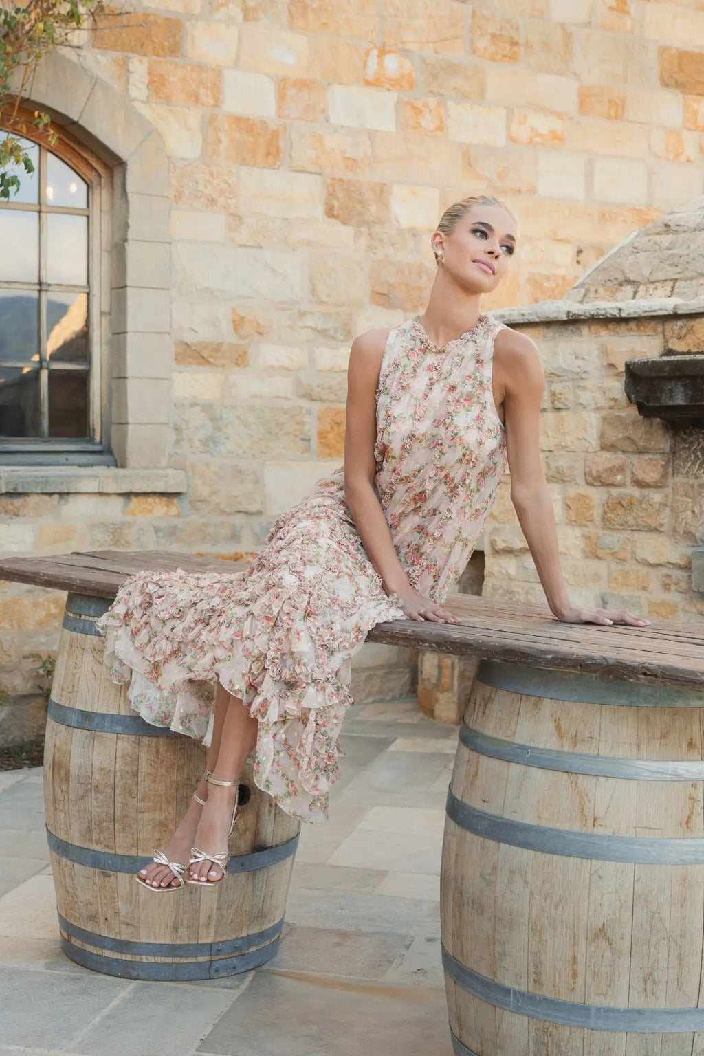 Pink Sleeveless Floral Chiffon Micro Ruffle Midi Dress - Designer Collection