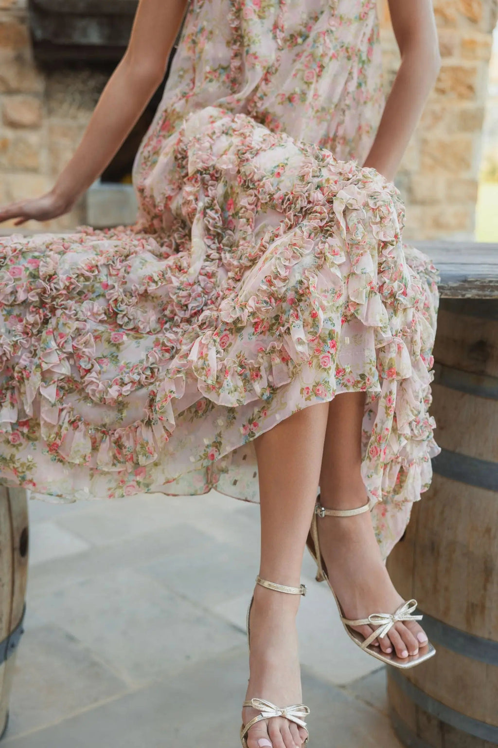 Pink Sleeveless Floral Chiffon Micro Ruffle Midi Dress - Designer Collection