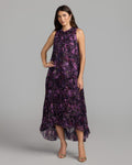 Purple Sleeveless Floral Micro Ruffle Trapeze Midi Dress Designer Collection
