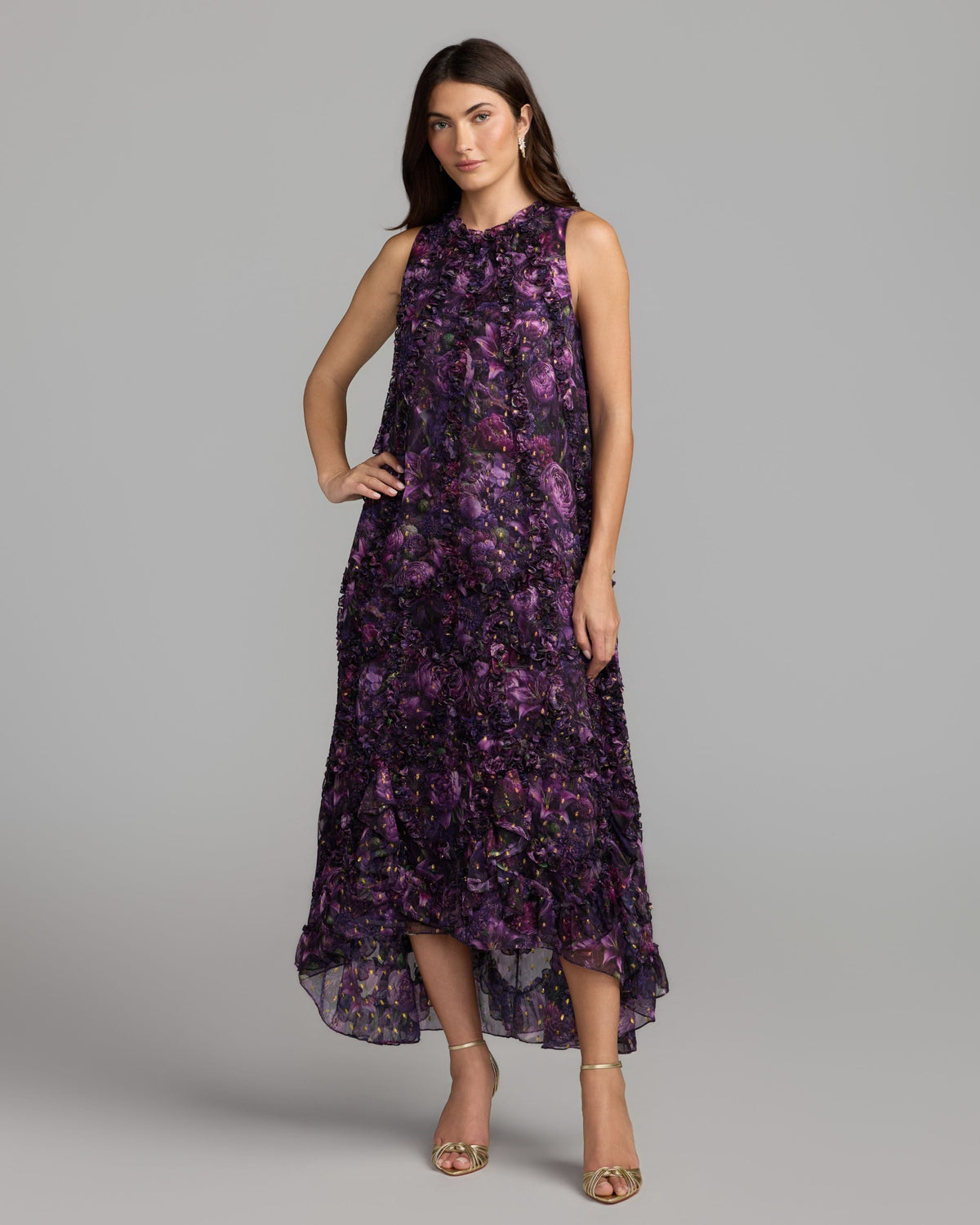 Purple Sleeveless Floral Micro Ruffle Trapeze Midi Dress Designer Collection