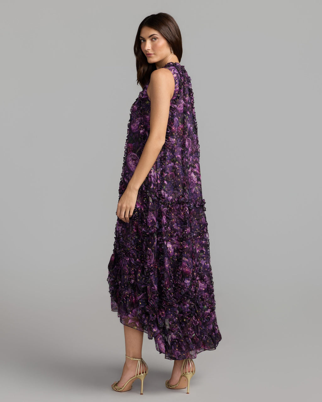Purple Sleeveless Floral Micro Ruffle Trapeze Midi Dress Designer Collection
