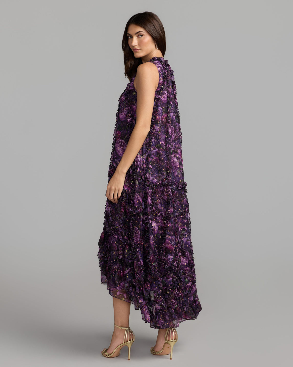 Purple Sleeveless Floral Micro Ruffle Trapeze Midi Dress Designer Collection