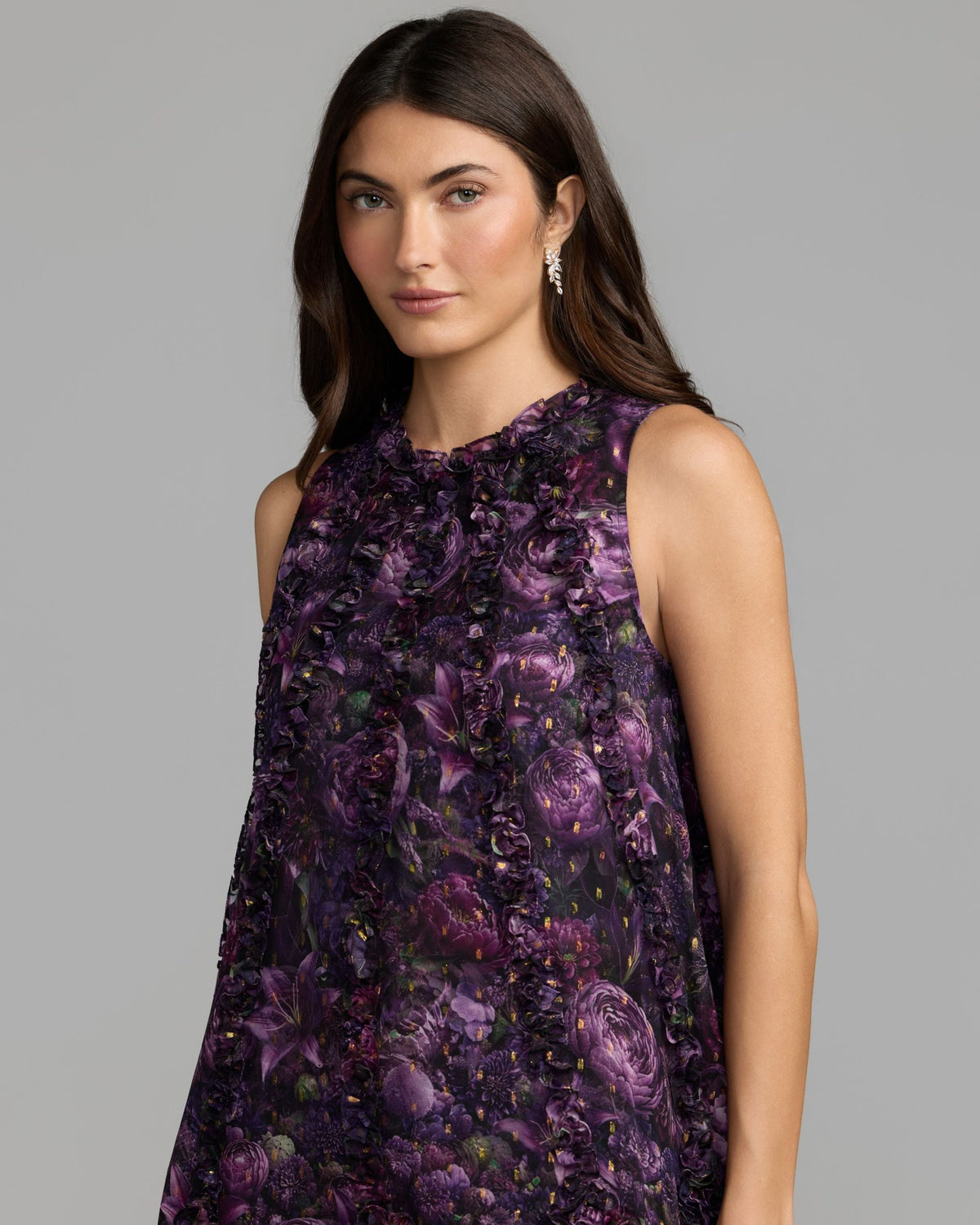 Purple Sleeveless Floral Micro Ruffle Trapeze Midi Dress Designer Collection