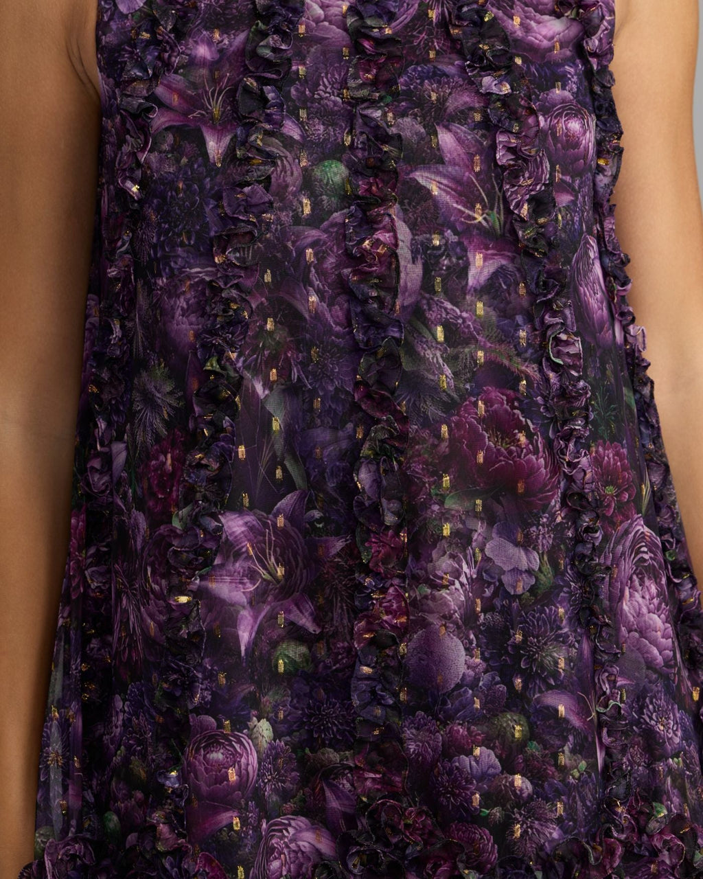 Purple Sleeveless Floral Micro Ruffle Trapeze Midi Dress Designer Collection