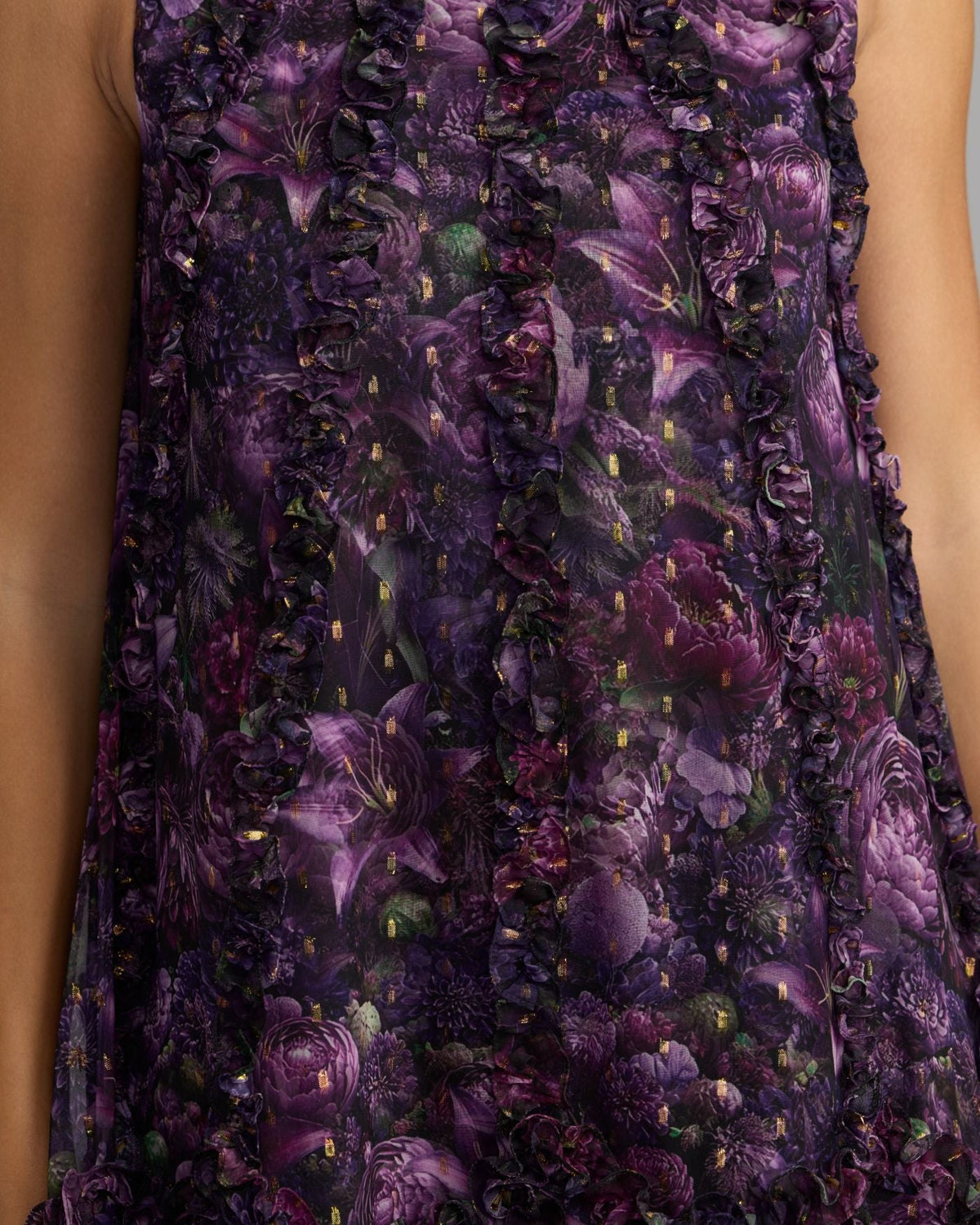 Purple Sleeveless Floral Micro Ruffle Trapeze Midi Dress Designer Collection