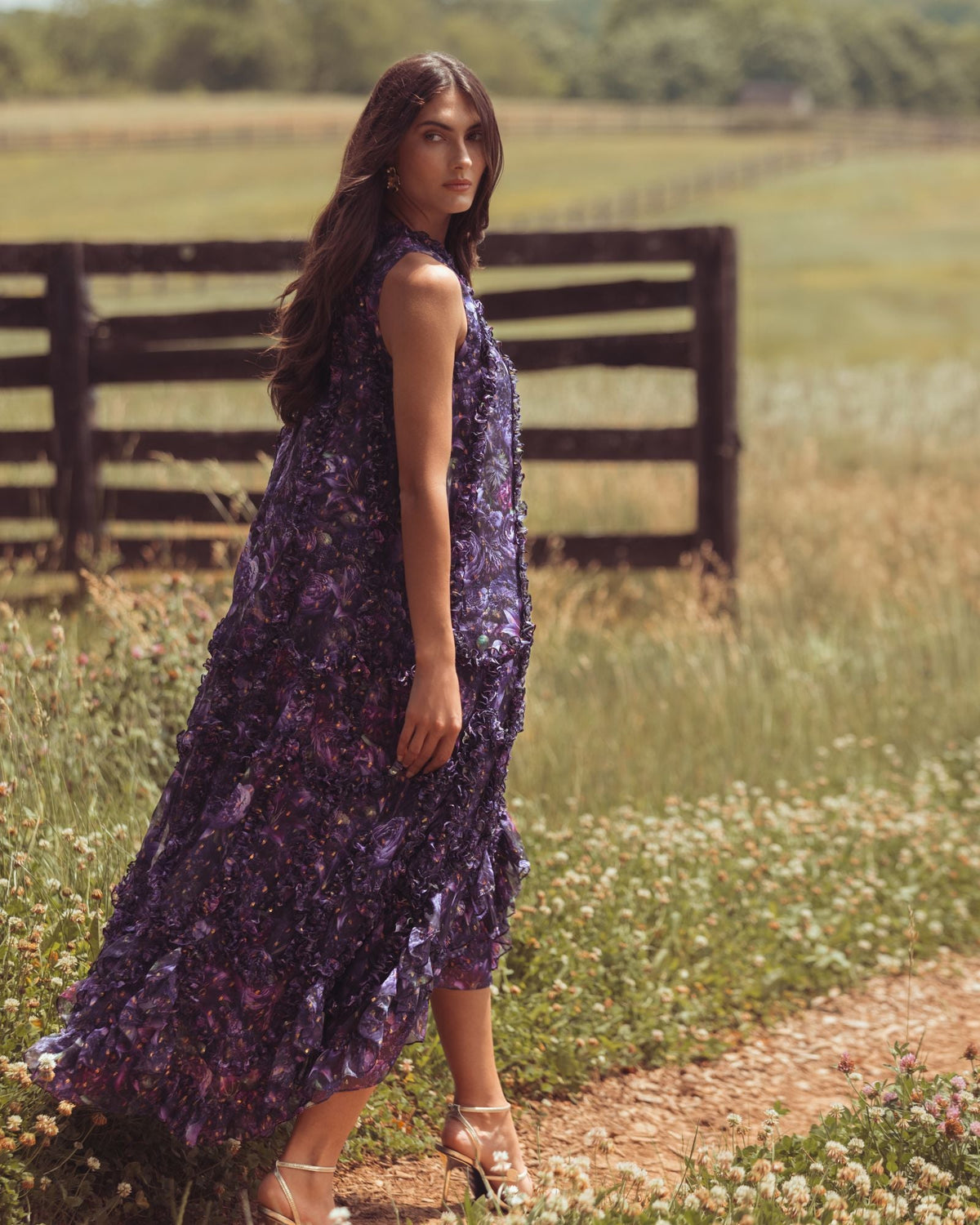 Purple Sleeveless Floral Micro Ruffle Trapeze Midi Dress Designer Collection