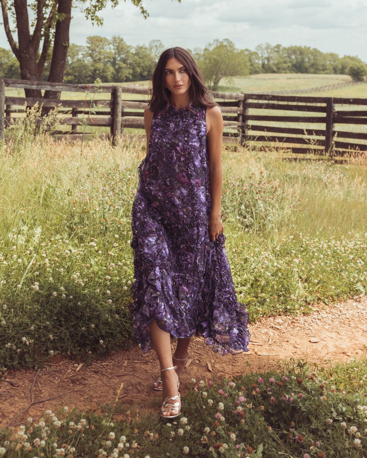 Purple Sleeveless Floral Micro Ruffle Trapeze Midi Dress Designer Collection