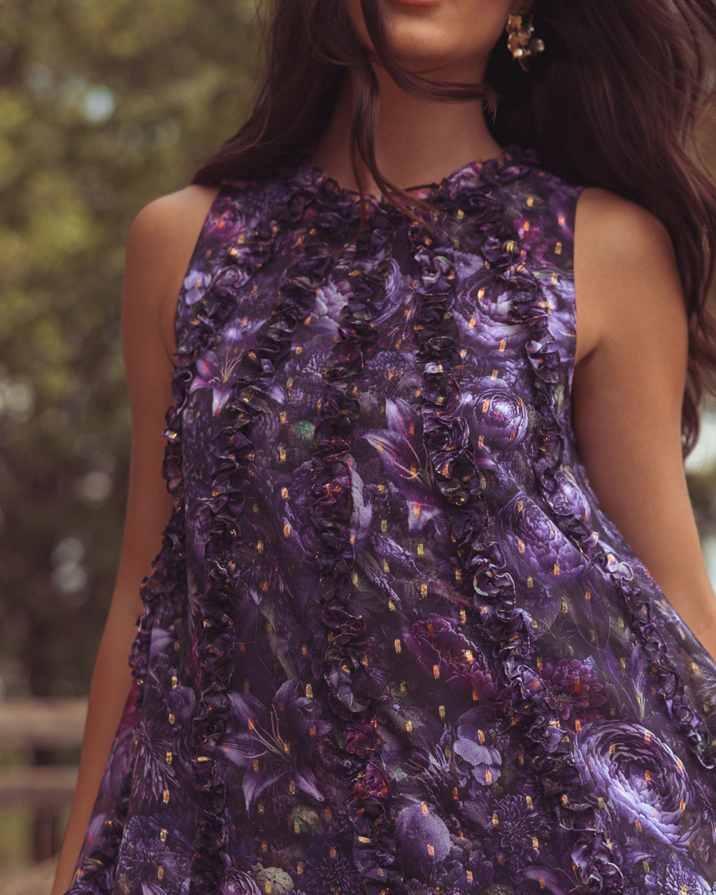 Purple Sleeveless Floral Micro Ruffle Trapeze Midi Dress Designer Collection