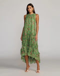 Green Sleeveless Floral Chiffon Micro Ruffle Midi Dress Designer Collection