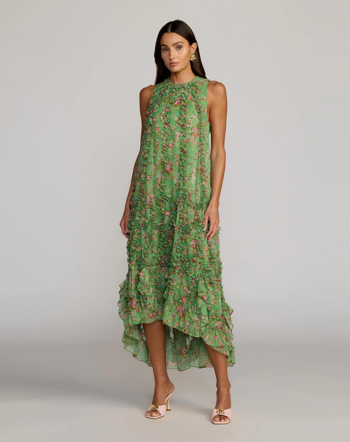 Green Sleeveless Floral Chiffon Micro Ruffle Midi Dress Designer Collection