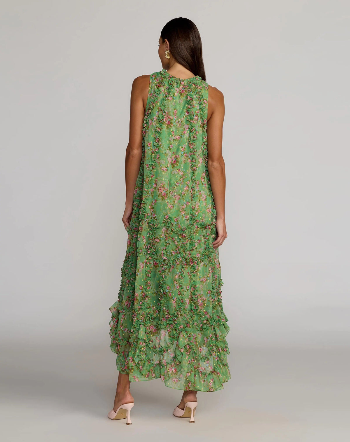 Green Sleeveless Floral Chiffon Micro Ruffle Midi Dress Designer Collection