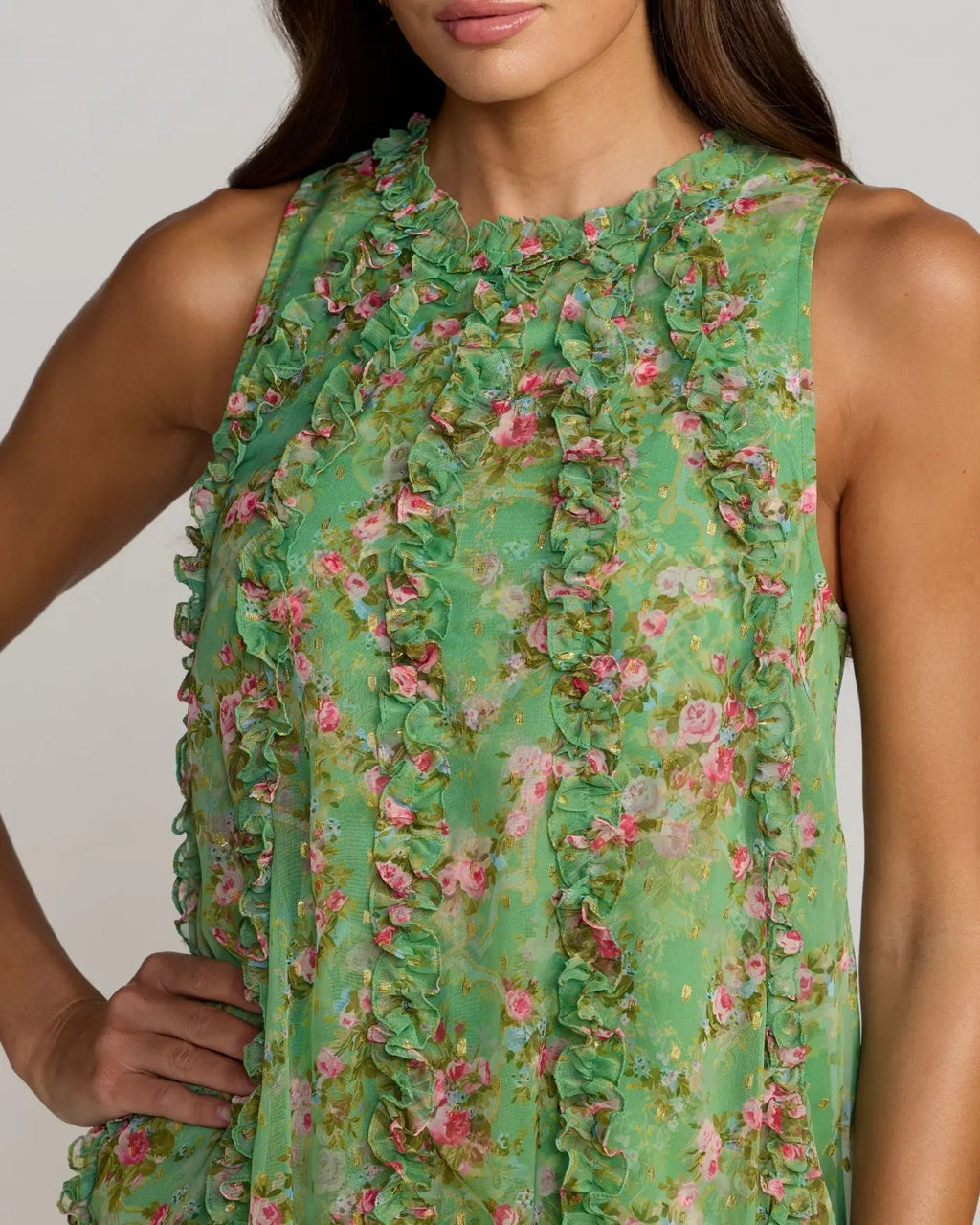 Green Sleeveless Floral Chiffon Micro Ruffle Midi Dress Designer Collection