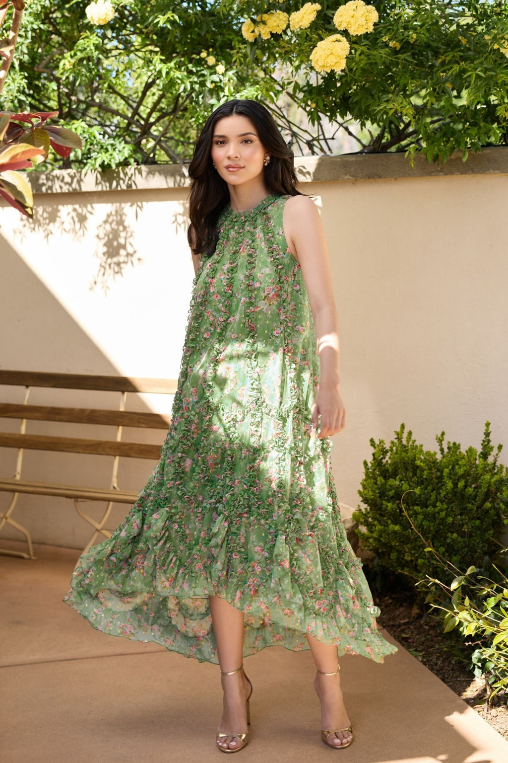 Green Sleeveless Floral Chiffon Micro Ruffle Midi Dress Designer Collection