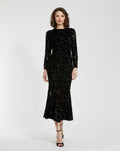 Black Burnout Velvet Long Sleeve Ruffle Hem Midi Dress - Designer Collection
