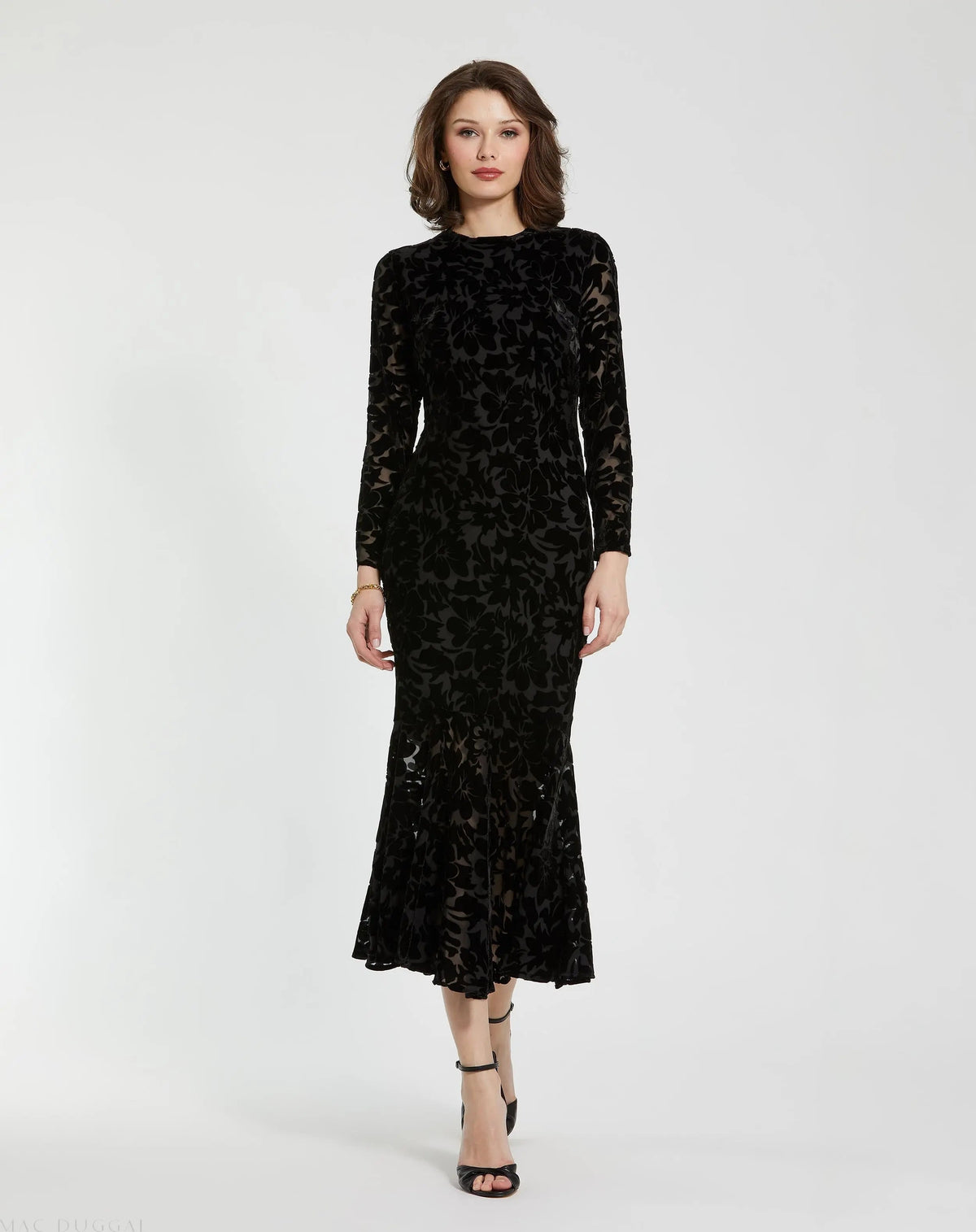 Black Burnout Velvet Long Sleeve Ruffle Hem Midi Dress - Designer Collection