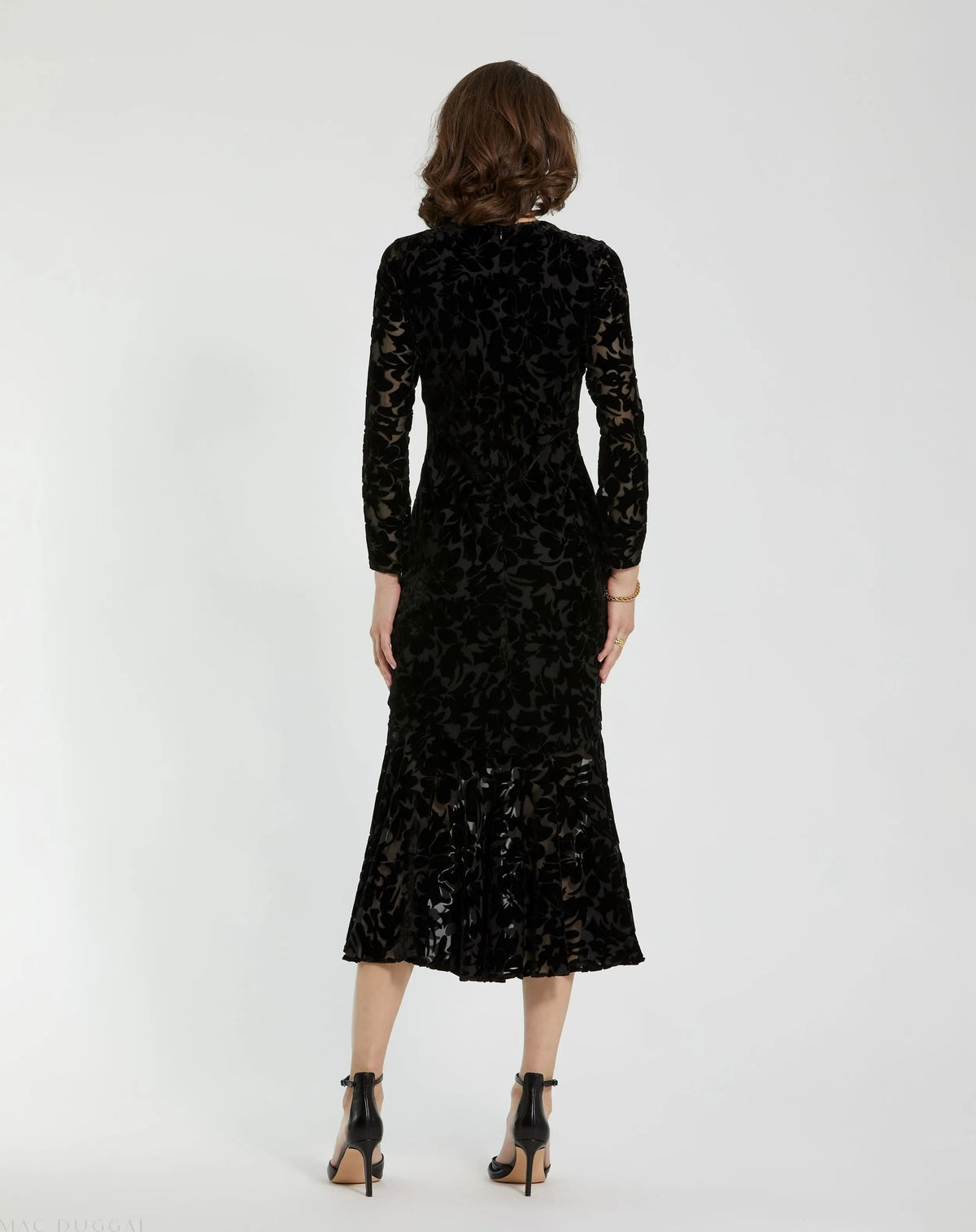 Black Burnout Velvet Long Sleeve Ruffle Hem Midi Dress - Designer Collection