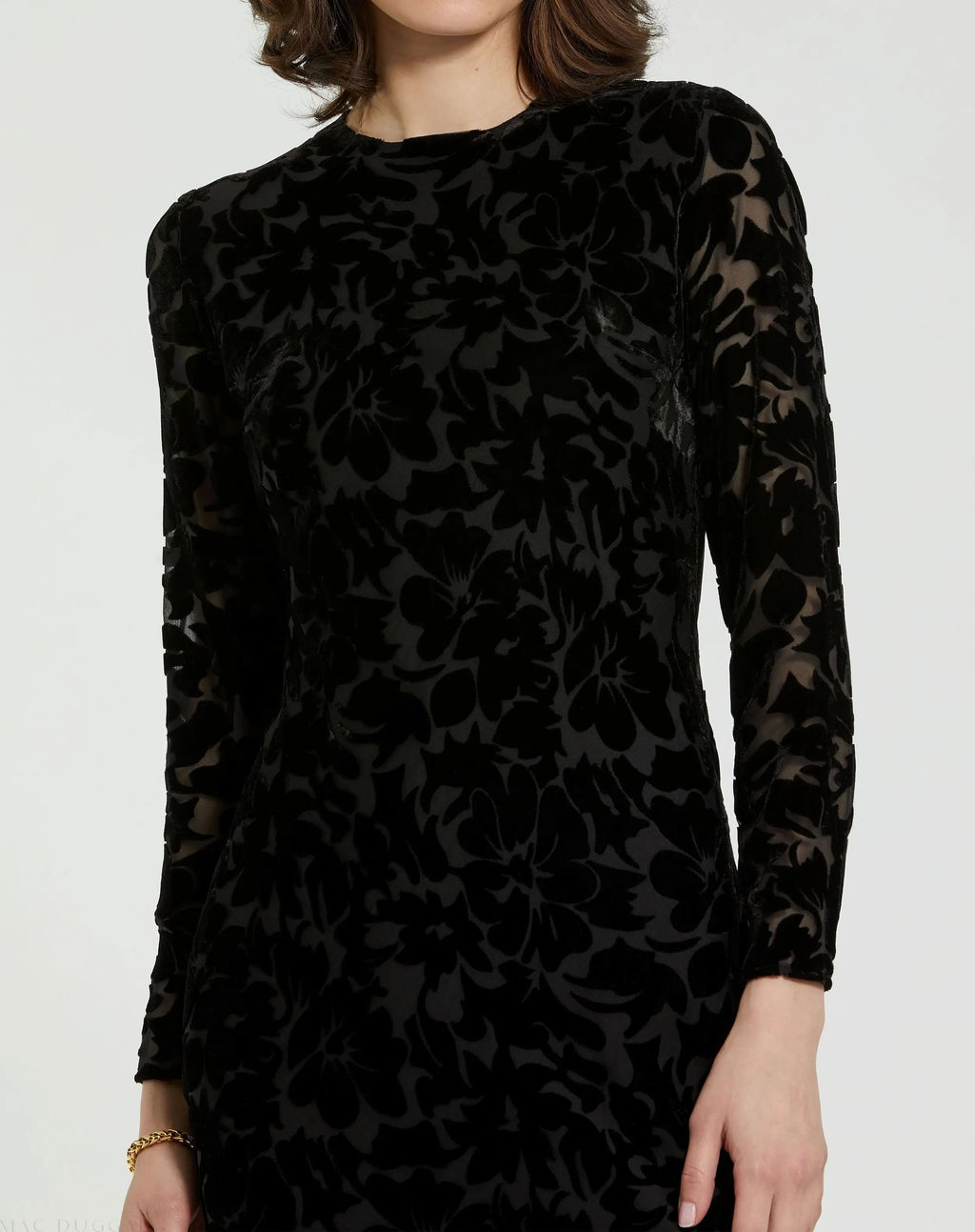 Black Burnout Velvet Long Sleeve Ruffle Hem Midi Dress - Designer Collection