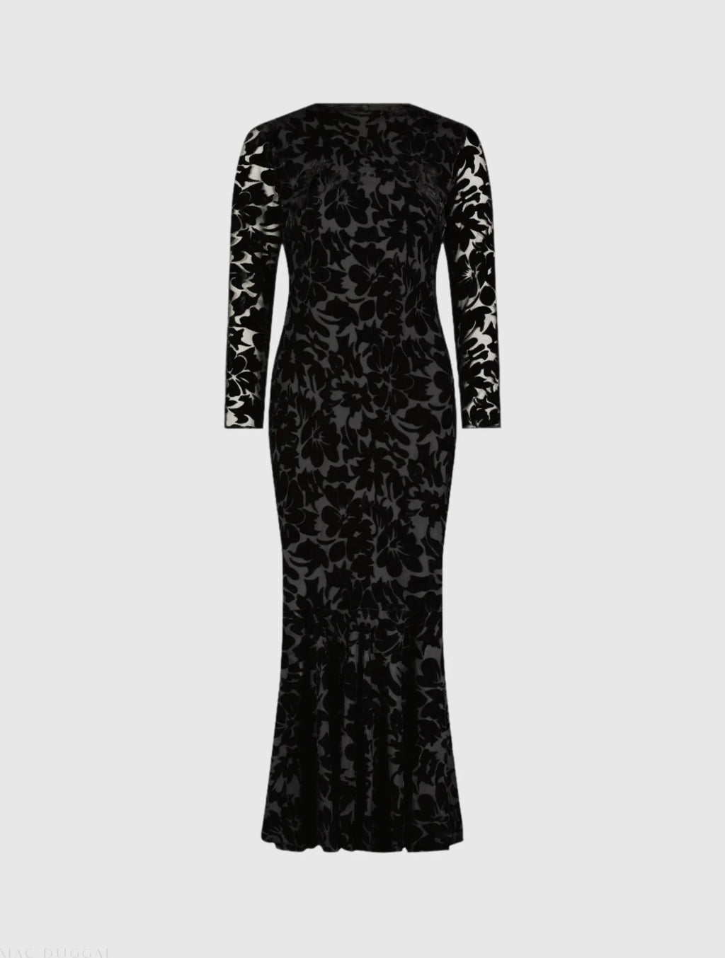 Black Burnout Velvet Long Sleeve Ruffle Hem Midi Dress - Designer Collection