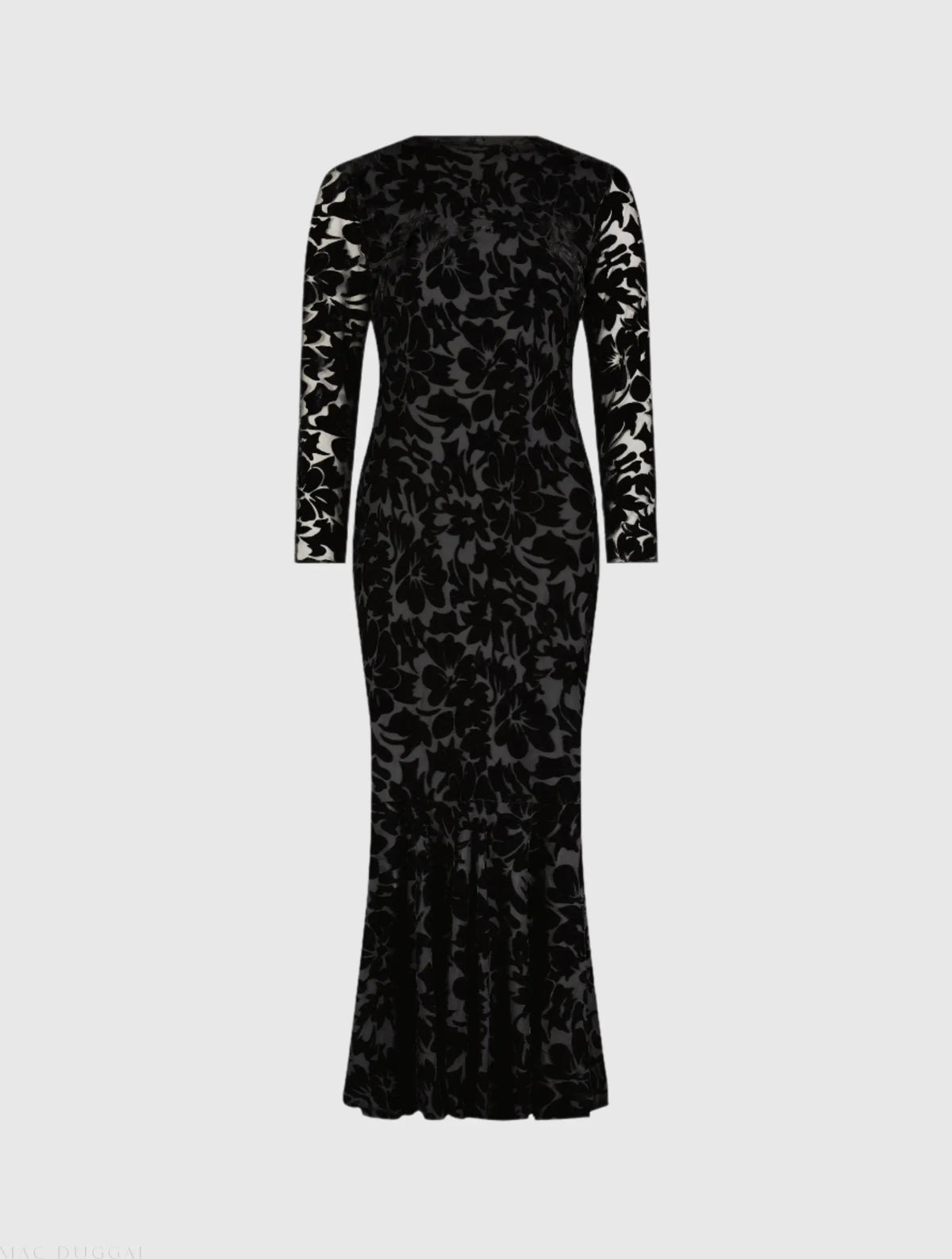 Black Burnout Velvet Long Sleeve Ruffle Hem Midi Dress - Designer Collection