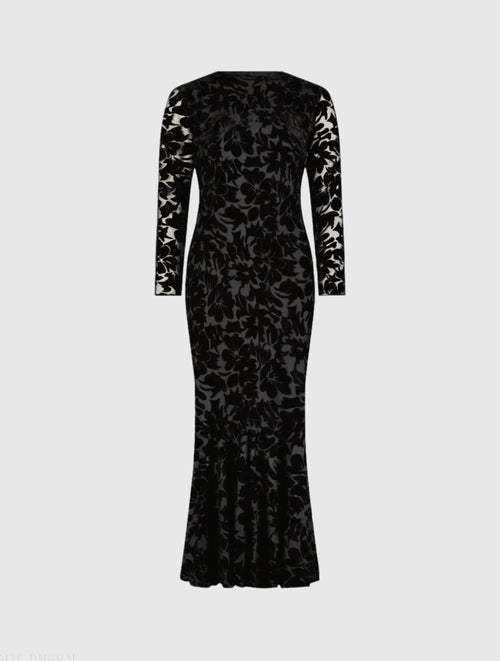 Black Burnout Velvet Long Sleeve Ruffle Hem Midi Dress - Designer Collection