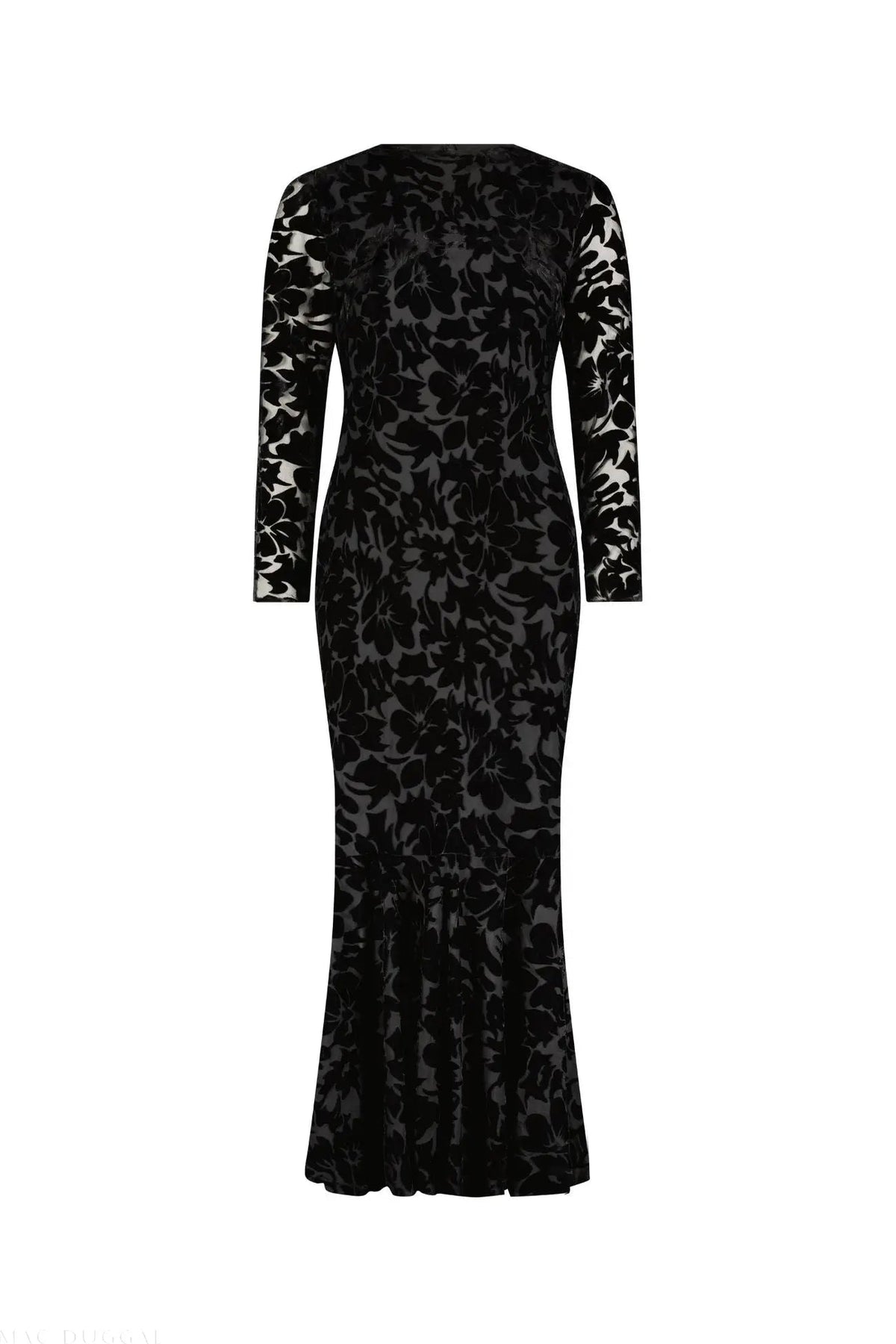 Black Burnout Velvet Long Sleeve Ruffle Hem Midi Dress - Designer Collection