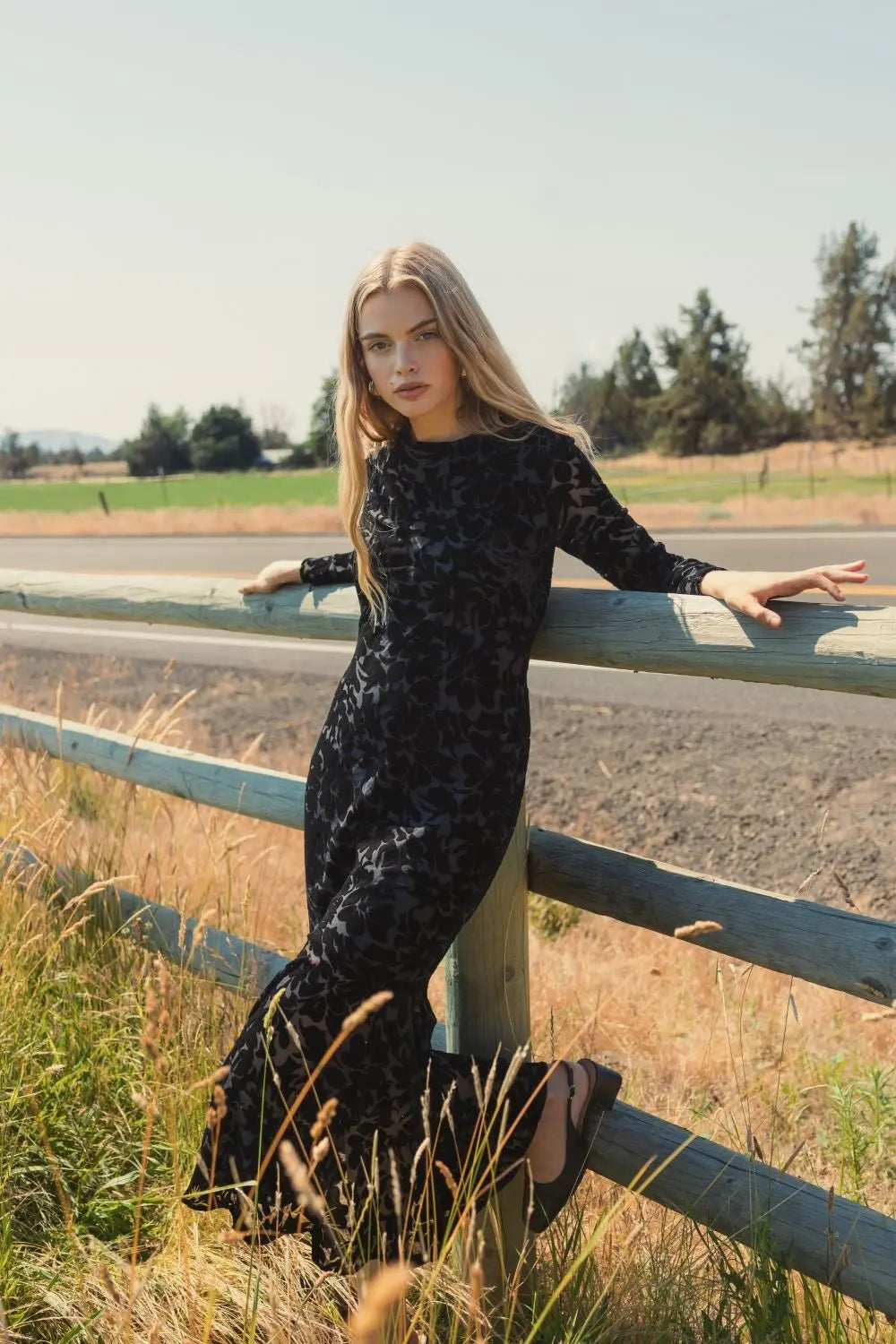 Black Burnout Velvet Long Sleeve Ruffle Hem Midi Dress - Designer Collection
