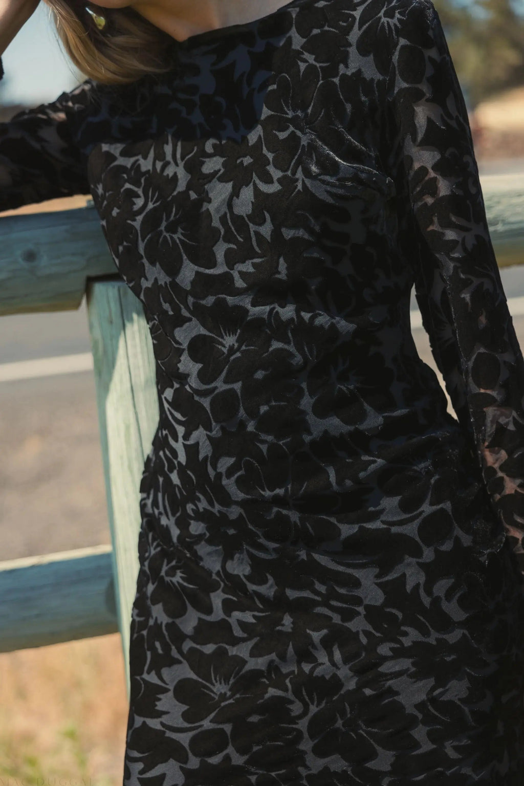 Black Burnout Velvet Long Sleeve Ruffle Hem Midi Dress - Designer Collection