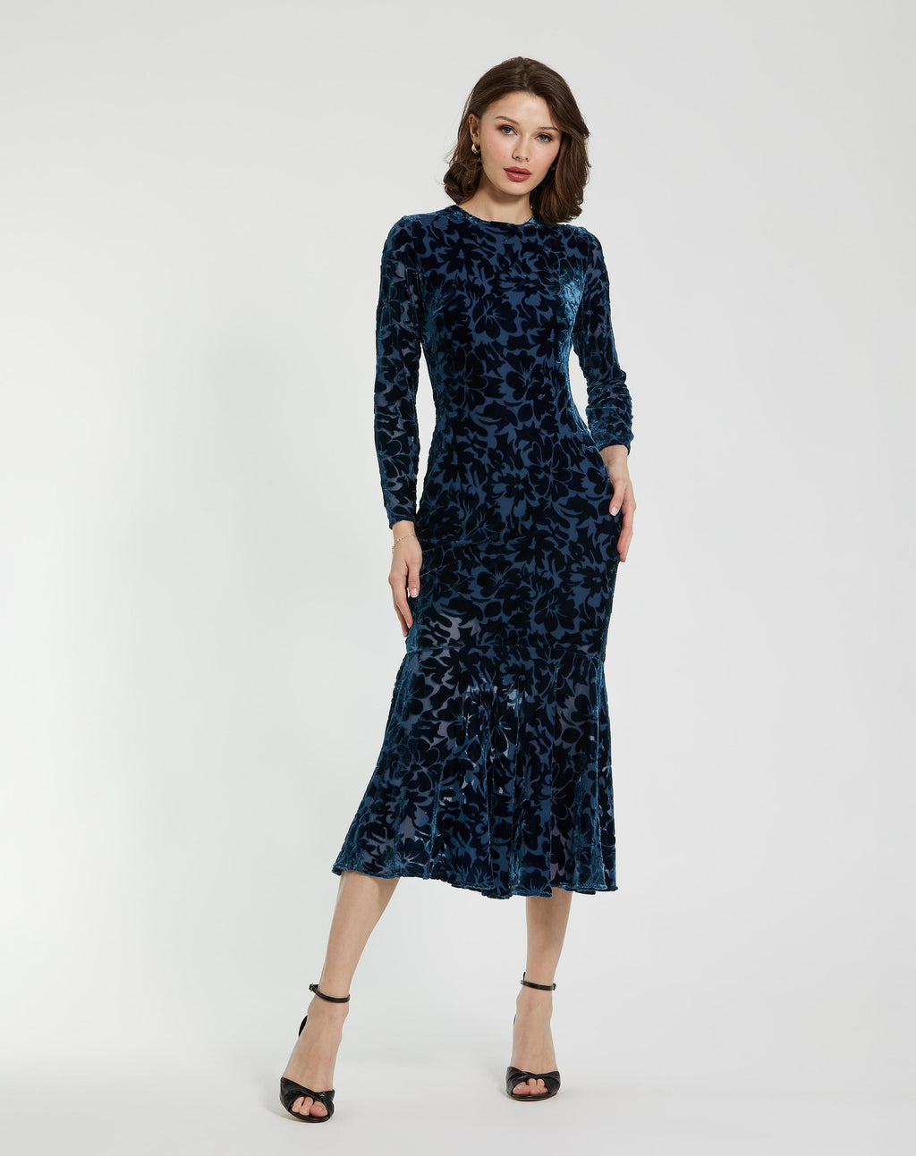 Dark Blue Burnout Velvet Long Sleeve Midi Dress Designer Collection