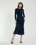 Dark Blue Burnout Velvet Long Sleeve Midi Dress Designer Collection