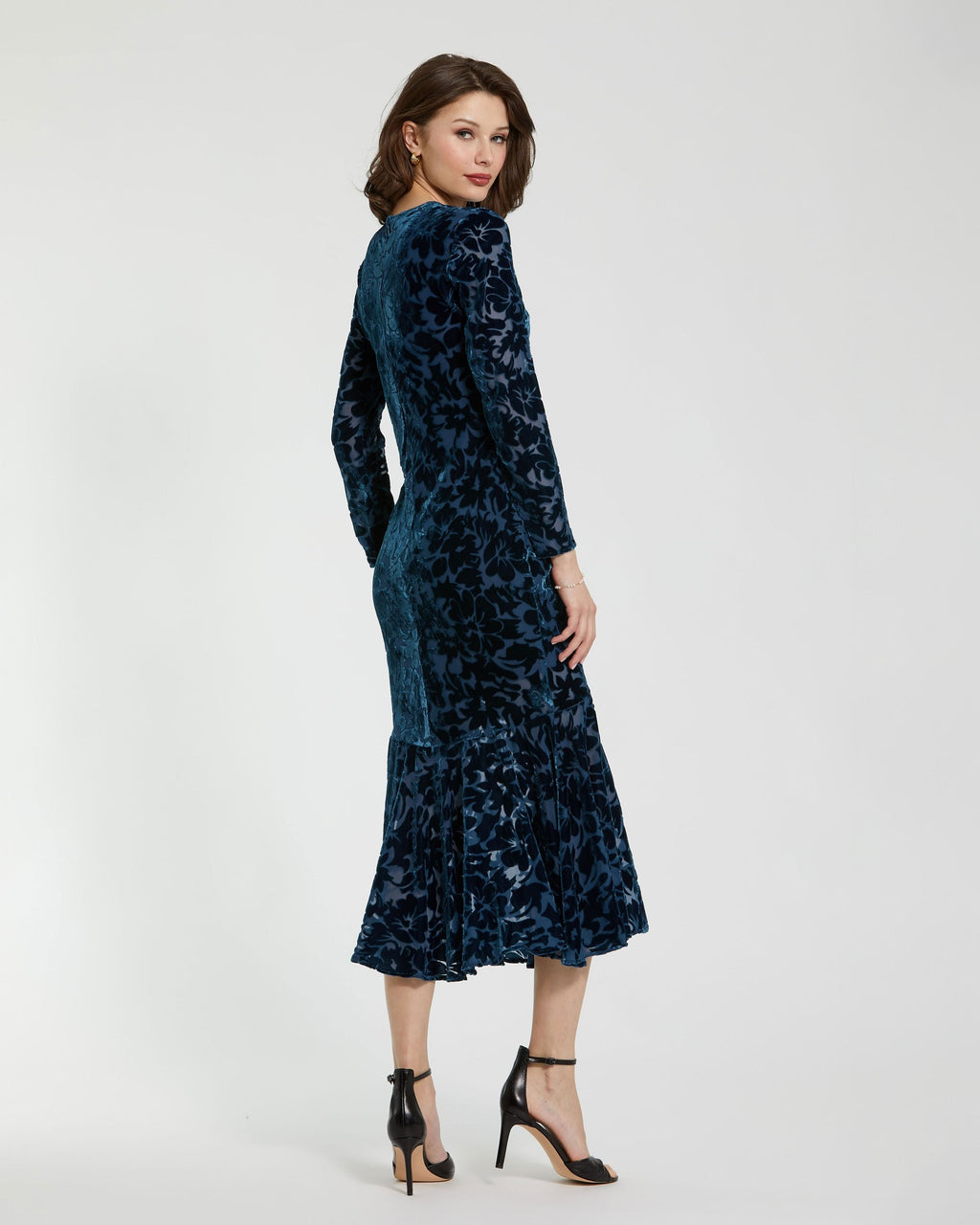 Dark Blue Burnout Velvet Long Sleeve Midi Dress Designer Collection