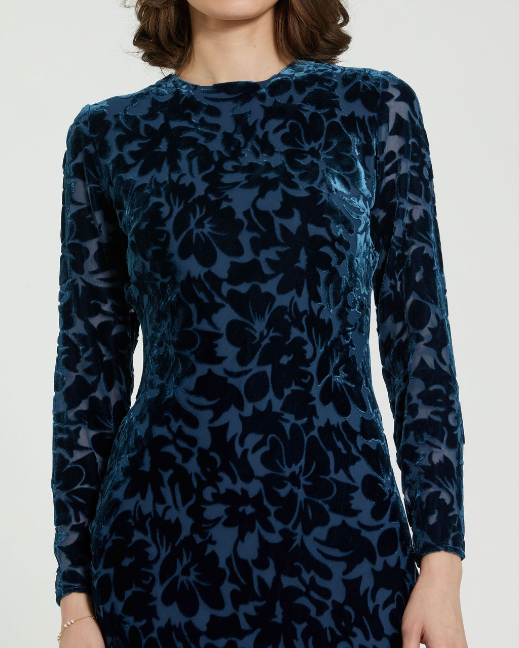 Dark Blue Burnout Velvet Long Sleeve Midi Dress Designer Collection
