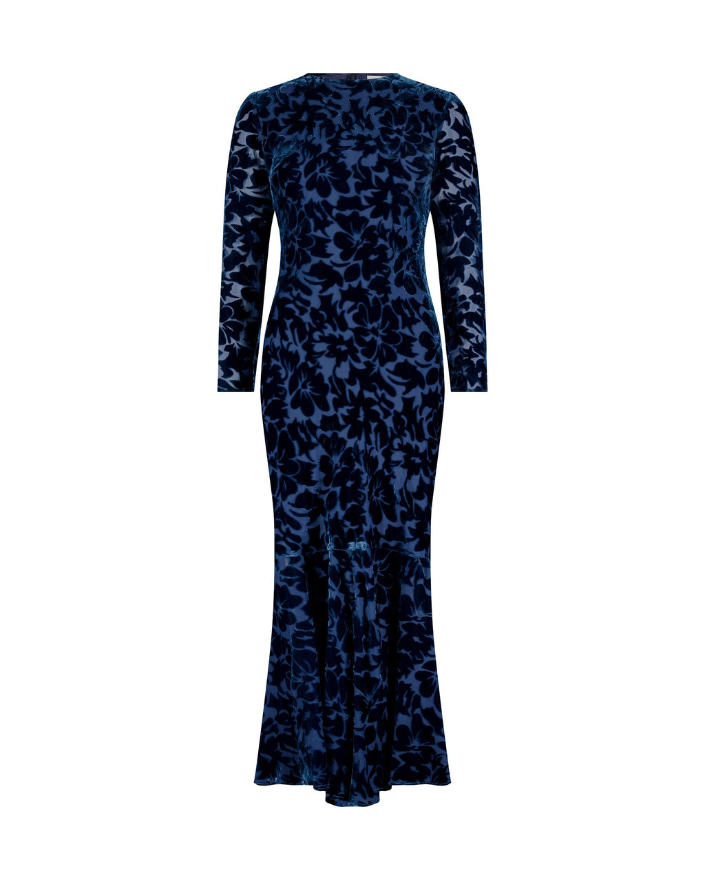Dark Blue Burnout Velvet Long Sleeve Midi Dress Designer Collection