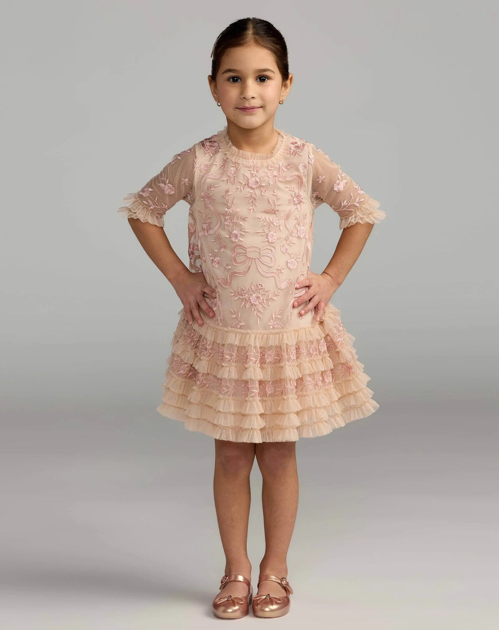 Girls Pink Micro Ruffle Embroidered Mini Dress - Designer Collection