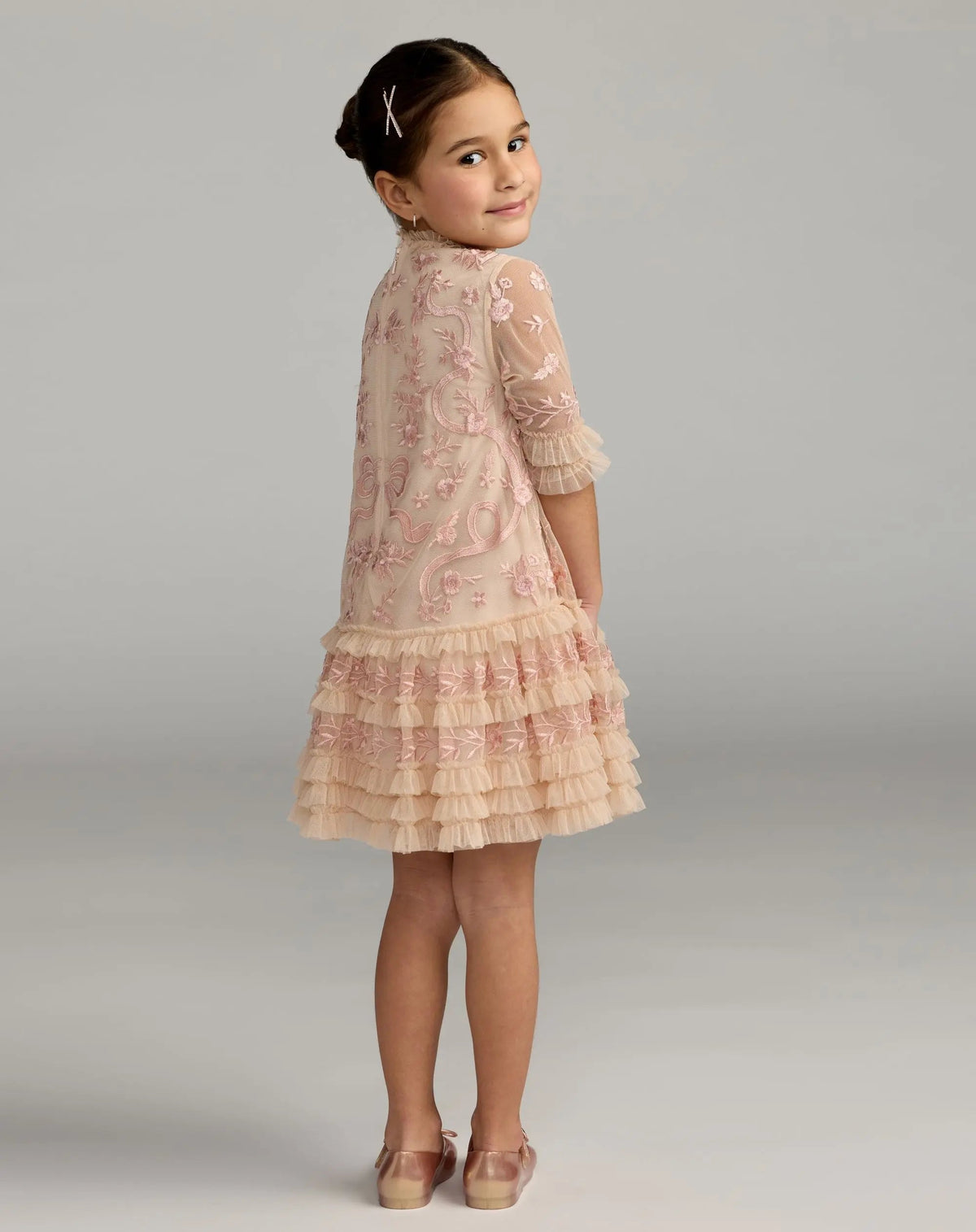 Girls Pink Micro Ruffle Embroidered Mini Dress - Designer Collection