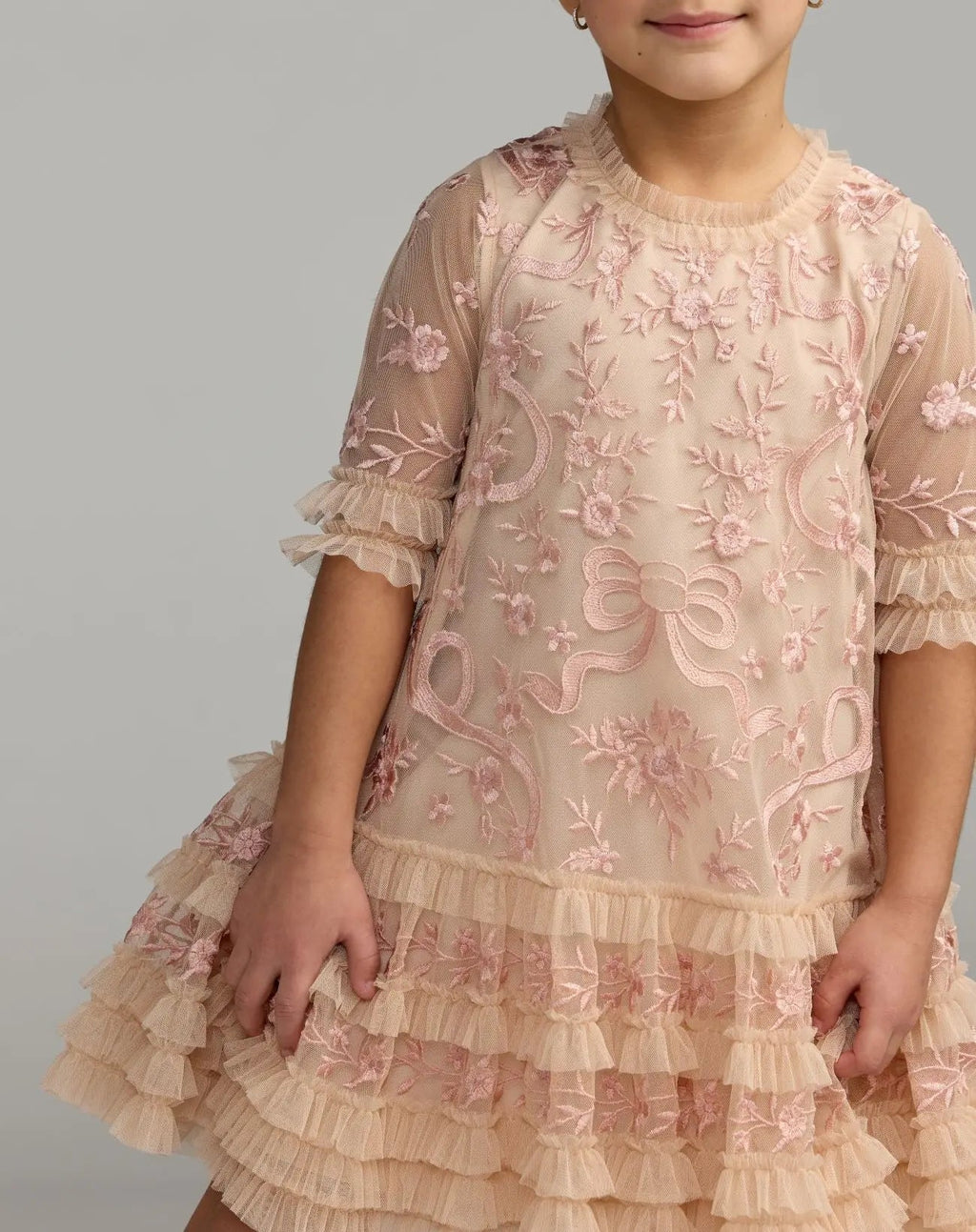 Girls Pink Micro Ruffle Embroidered Mini Dress - Designer Collection
