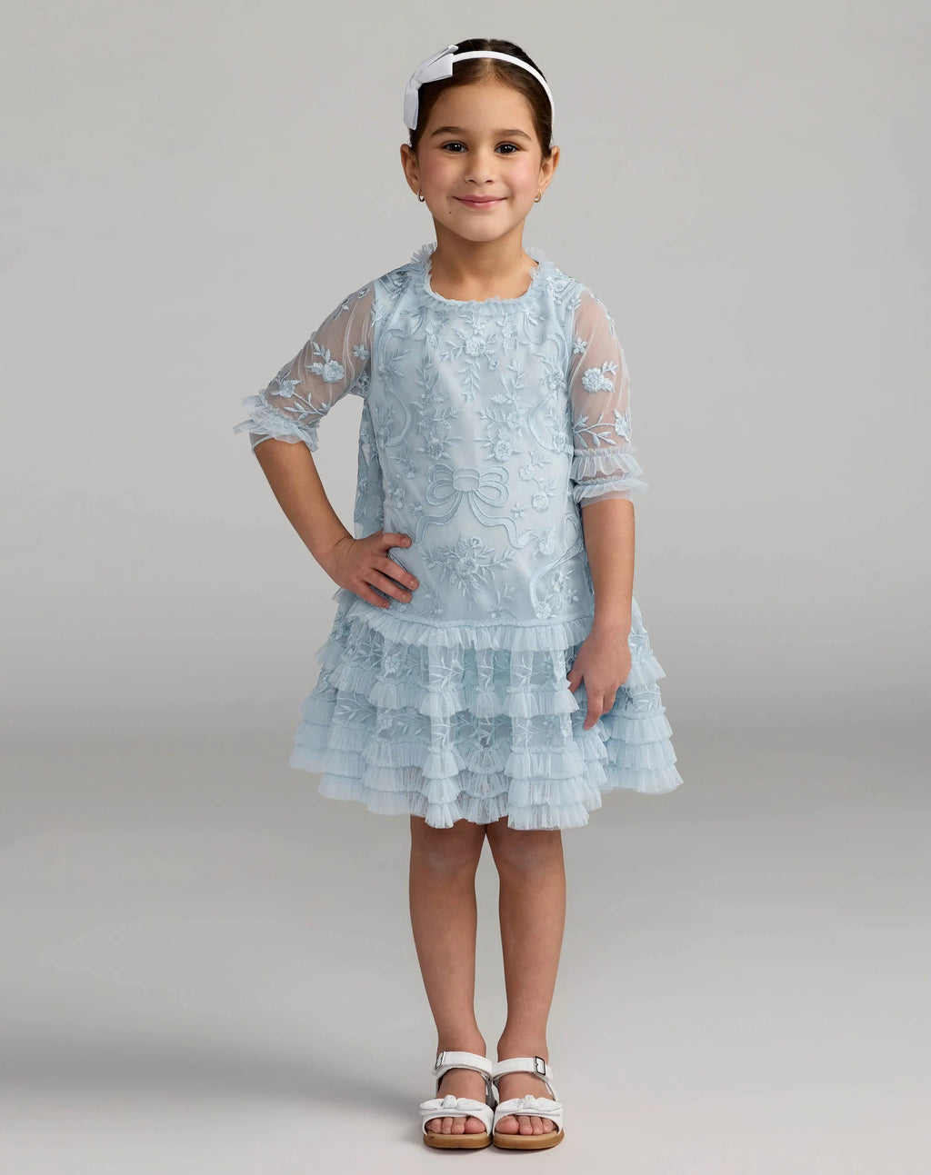 Girls Blue Micro Ruffle Embroidered Mini Dress  - Designer Collection