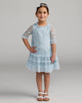 Girls Blue Micro Ruffle Embroidered Mini Dress  - Designer Collection