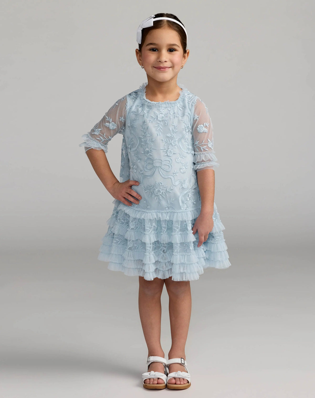 Girls Blue Micro Ruffle Embroidered Mini Dress  - Designer Collection