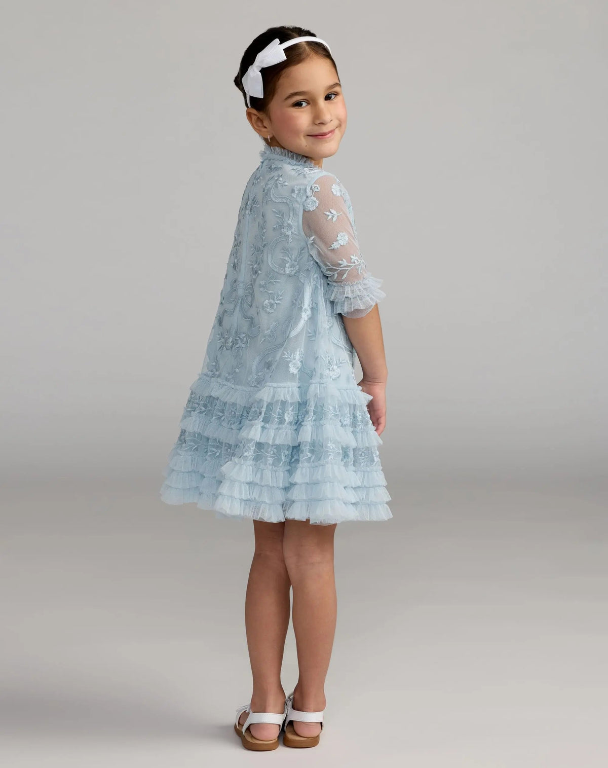 Girls Blue Micro Ruffle Embroidered Mini Dress  - Designer Collection