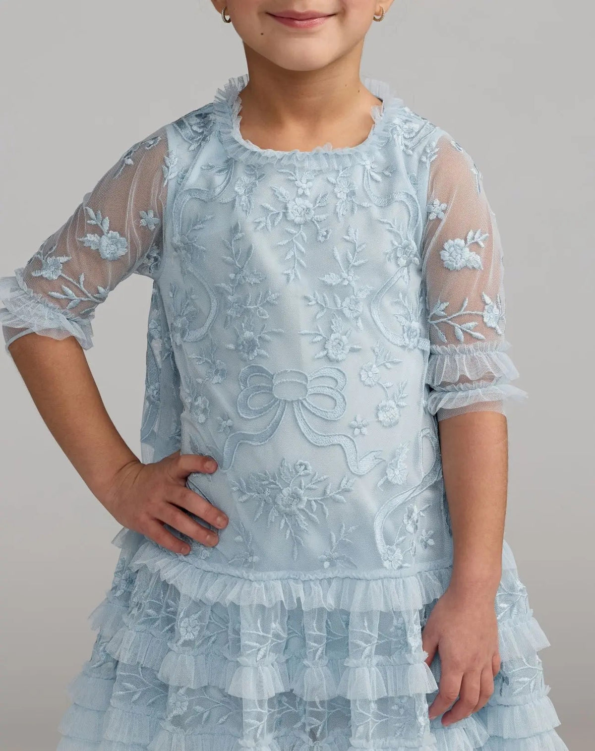 Girls Blue Micro Ruffle Embroidered Mini Dress  - Designer Collection