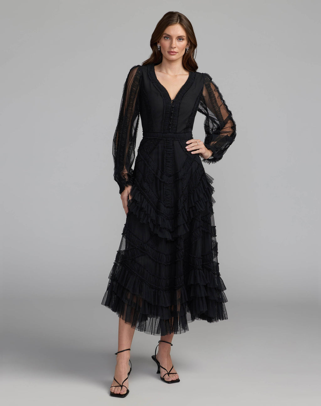 Black Long Sleeve V-Neck Micro Ruffle Midi Dress - Designer Collection