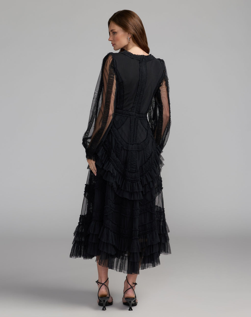 Black Long Sleeve V-Neck Micro Ruffle Midi Dress - Designer Collection
